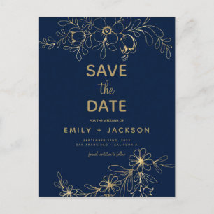 Carte Postale Faire-part Élégant moderne Sauvez la date Floral Gold Navy Bl