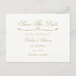 Carte Postale Faire-part Élégant Monogramme Blanc et Or Save the Date