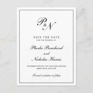 Carte Postale Faire-part Élégant Monogramme Noir Blanc Mariage Économisez l