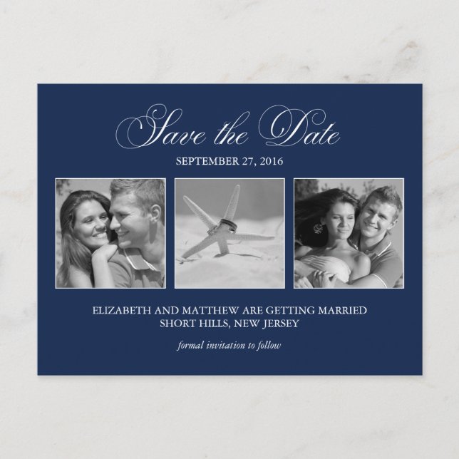 Carte Postale Faire-part Elegant Navy Blue Photo Wedding Enregistrer la dat (Devant)