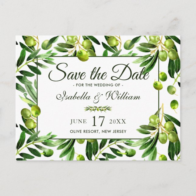 Carte Postale Faire-part Élégant Olive Leaf Boho Jardin Save the Date (Devant)