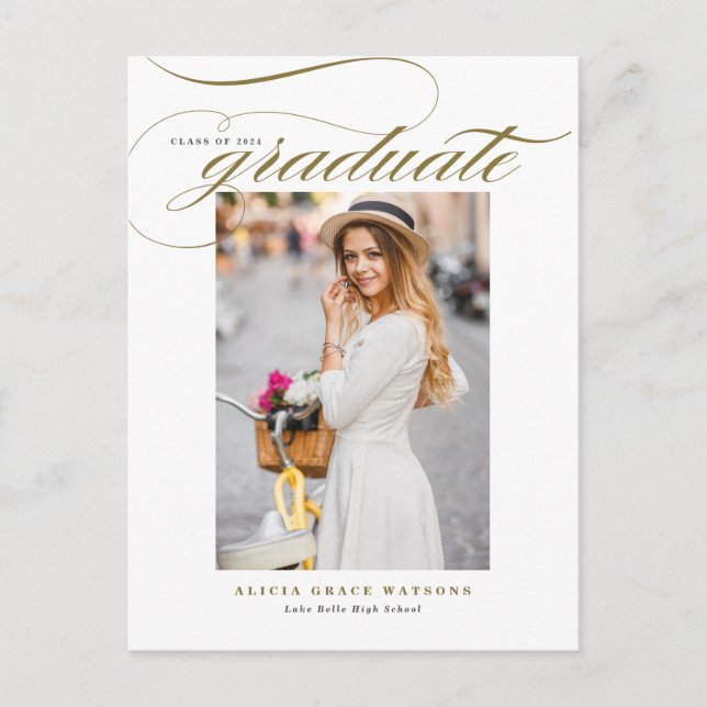 Carte Postale Faire-part Élégant Or Calligraphie Photo Graduation (Devant)