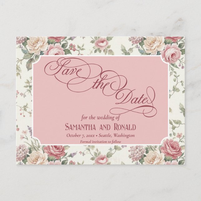 Carte Postale Faire-part Elegant Pastel Roses Shabby Chic Wedding (Devant)
