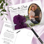 Carte Postale Faire-part Élégant Plum Purple Rose Oval Photo Enregistrer La<br><div class="desc">Ces belles cartes postales sont une merveilleuse façon de faire savoir à vos amis et votre famille de sauver la date pour votre prochain mariage. Elles présentent un design élégant, élégant et romantique, avec un rose unique couleur prune ou aubergine réfléchissant dans un bassin d'eau, et votre photo dans un...</div>