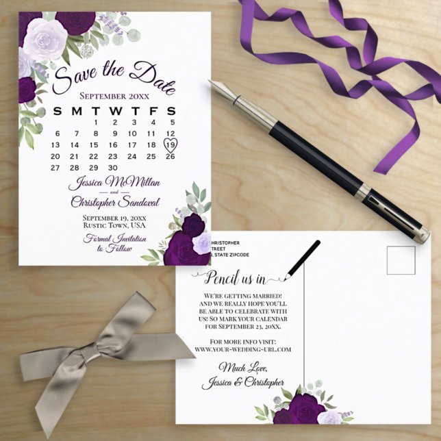 Carte Postale Faire-part Elegant Plum Roses Wedding Save the Date Calendar (Créateur téléchargé)