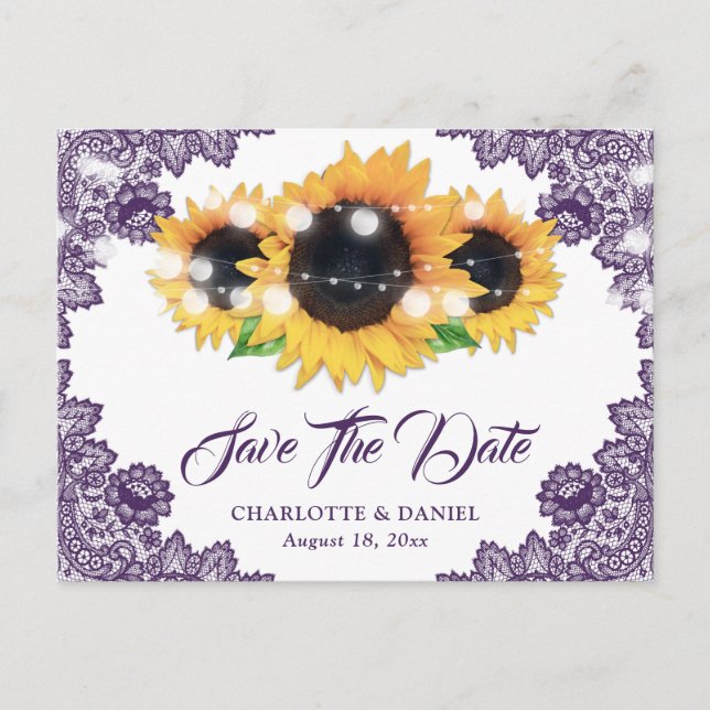 Carte Postale Faire-part Elegant Purple Floral Lace Sunflower Wedding (Devant)