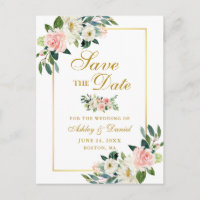 Élégant Rose Blanc Floral Enregistrer la Date Or