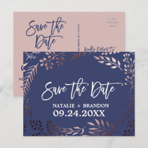 Carte Postale Faire-part Élégant Rose Gold et Nuit de Noces Marine Enregist