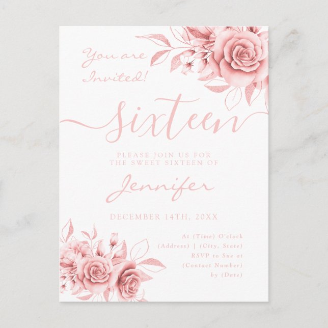 Carte Postale Faire-part Élégant Rose Gold Sweet 16 Parties scintillant Flo (Devant)