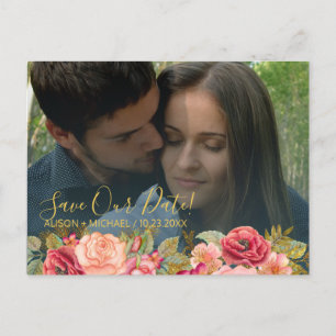 Carte Postale Faire-part Élégant rose marine or photo mariage enregistrer d