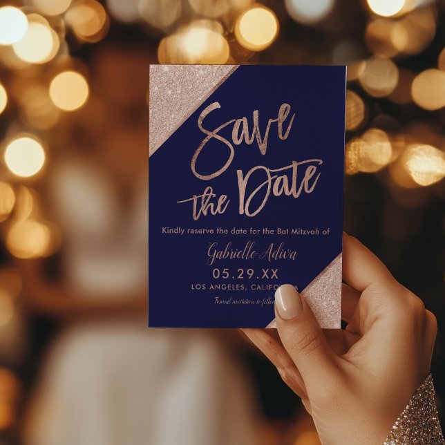 Carte Postale Faire-part Elégant Rose Parties scintillant or Bat mitzvah bl (Elegant Rose Gold Glitter Navy Blue Bat Mitzvah Announcement Postcard)