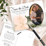 Carte Postale Faire-part Elégant Rose Peach & Mariage Photo Enregistrer La<br><div class="desc">Ces belles cartes postales sont une merveilleuse façon de faire savoir à vos amis et votre famille de sauver la date pour votre prochain mariage. Elles présentent un design élégant, élégant, élégant et romantique, avec un seul rose orange pâle à long tige ou couleur pêche clair réfléchissant dans un bassin...</div>