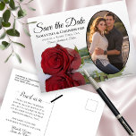 Carte Postale Faire-part Élégant Rose Rouge Oval Photo Mariage Enregistrer<br><div class="desc">Ces belles cartes postales sont une merveilleuse façon de faire savoir à vos amis et votre famille de sauver la date pour votre prochain mariage. Elles présentent un design élégant, élégant et romantique, avec une seule rose rouge à longue tige réfléchissant dans un bassin d'eau, et votre photo dans un...</div>