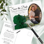 Carte Postale Faire-part Élégant Rose vert émeraude et photo Enregistrer la<br><div class="desc">Ces belles cartes postales sont une merveilleuse façon de faire savoir à vos amis et votre famille de sauver la date pour votre prochain mariage. Elles présentent un design élégant, élégant et romantique, avec un seul rose vert émeraude à long tige réfléchissant dans un bassin d'eau, et votre photo dans...</div>
