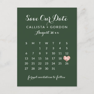 Carte Postale Faire-part Élégant Rose vert moderne Gold Heart Calendrier
