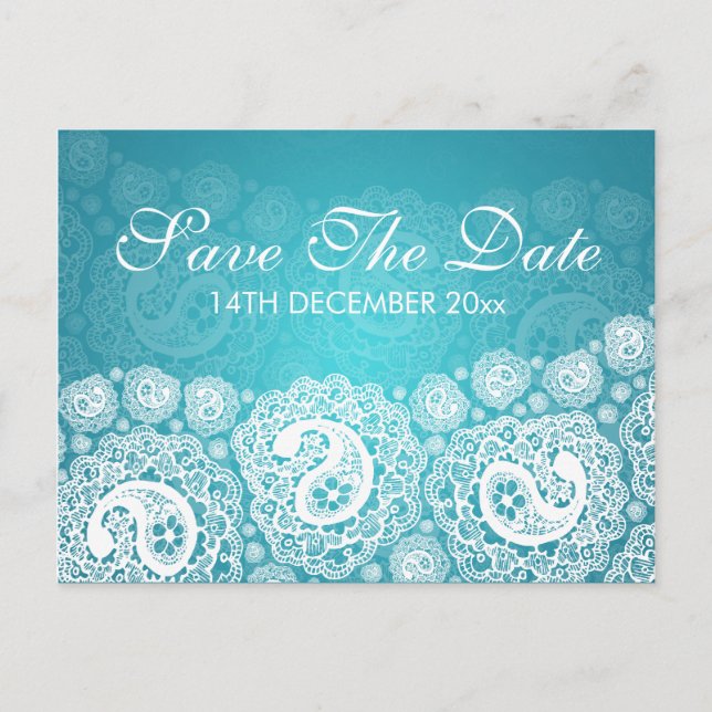 Carte Postale Faire-part Élégant Save The Date Paisley Lace Bleu (Devant)