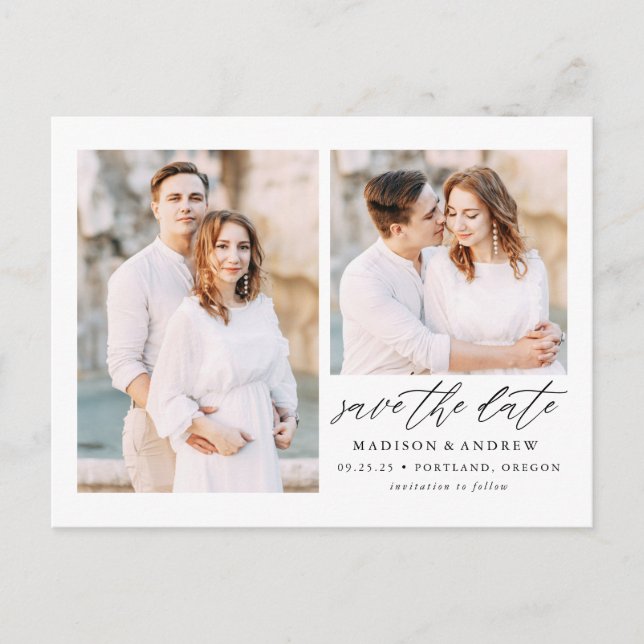 Carte Postale Faire-part Élégant Script 2 Photo Jour à Sauvegarder (Devant)