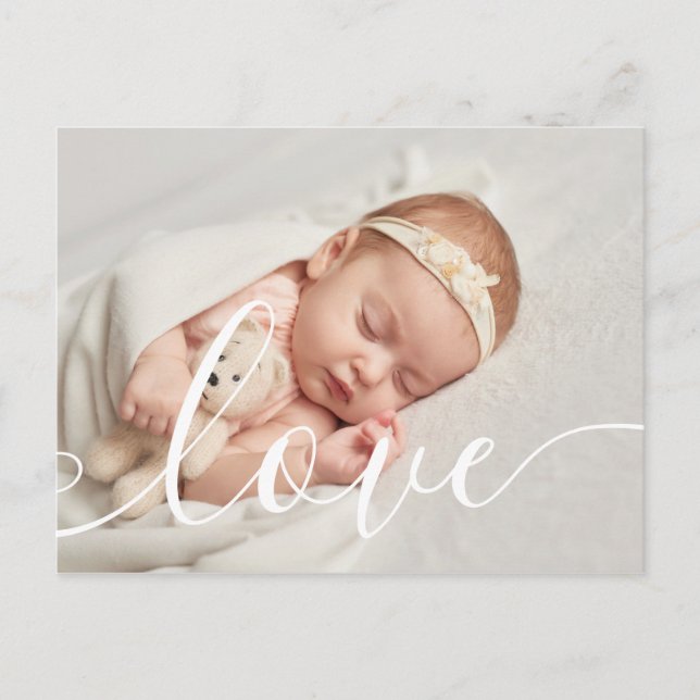 Carte Postale Faire-part Élégant Script Amour Photo de Bébé Chic Naissance (Devant)