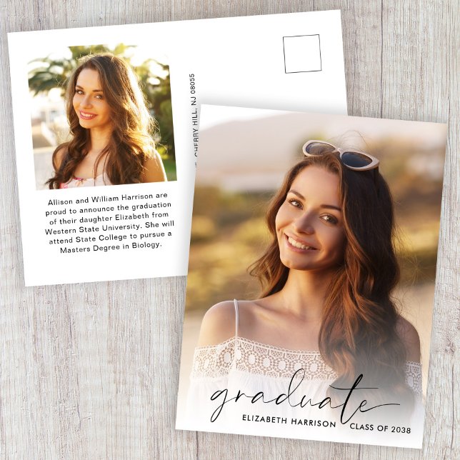 Carte Postale Faire-part Élégant Script Photo Overlay Graduation (Créateur téléchargé)