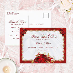 Carte Postale Faire-part Élégant Script Red Gold Floral Enregistrer la date