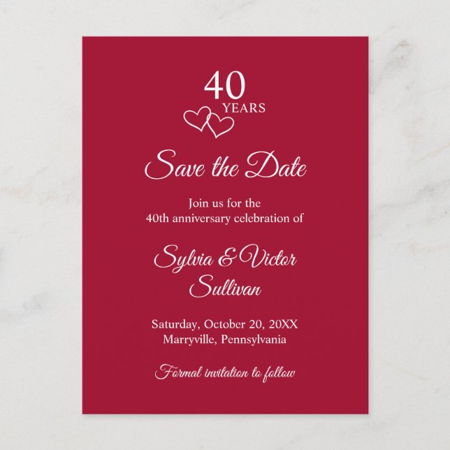 Carte Postale Faire-part Élégant Script Rouge 40e Anniversaire de Mariage (Devant)