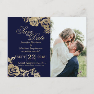 Carte Postale Faire-part Elégant Simple Gold Navy Blue Floral Enregistrer l