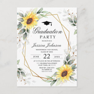 Carte Postale Faire-part Élégant Sunflower Eucalyptus Graduation Party