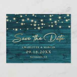 Carte Postale Faire-part Elegant Teal Gold Foil Wood Save The Date
