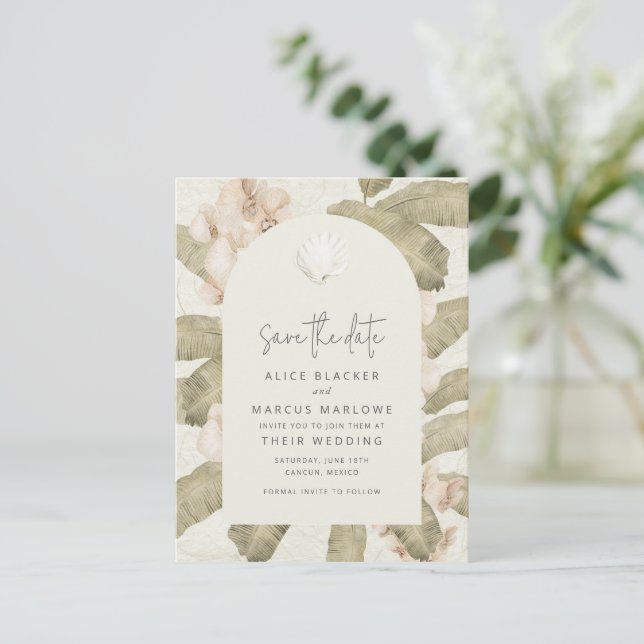 Carte Postale Faire-part Elegant Tropical Beach Wedding Save the Date (Debout devant)