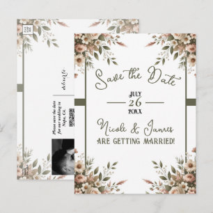 Carte Postale Faire-part Élégant Vert Olive & Blanc Floral Save the Date