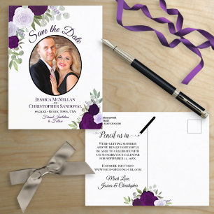 Carte Postale Faire-part Elégant violet Roses & mariage photo Enregistrer l