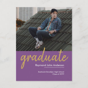 Carte Postale Faire-part Élégant violet violet or Script photo Graduation