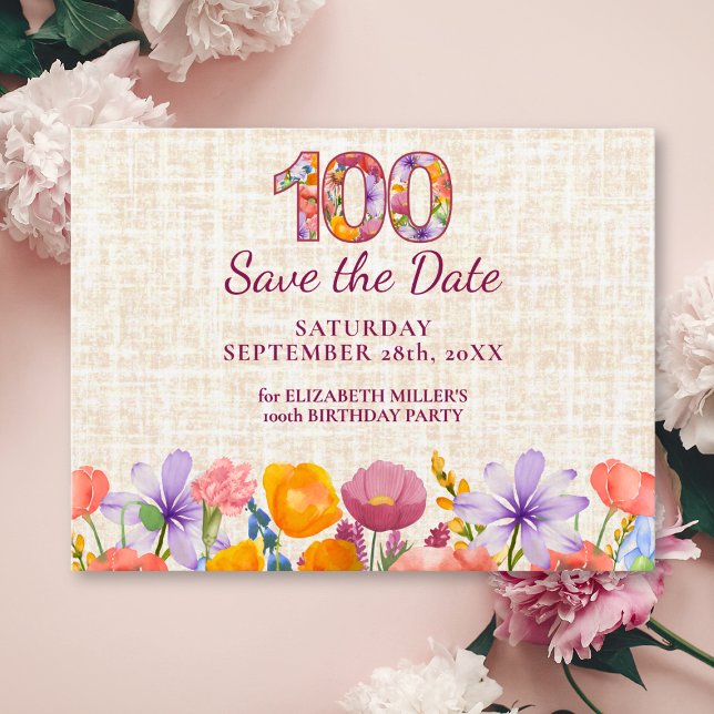Carte Postale Faire-part Elegant Wildflower 100th Birthday Save the Date (Créateur téléchargé)