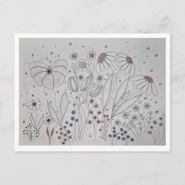 Carte Postale Faire-part Elegant Wildflower Meadow Line Art (Devant)