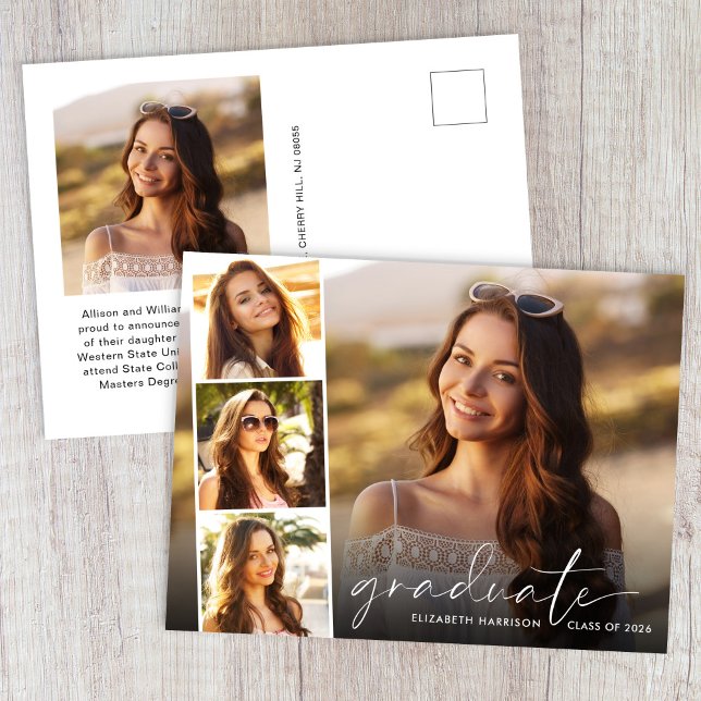 Carte Postale Faire-part Élégante Bande photo de script blanc (Cherish the milestone: share your graduate's achievement with a custom photo graduation announcement)