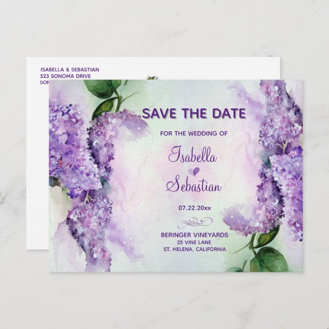 Carte Postale Faire-part Elégante Lilac Fleurs Mariage Enregistrer La Date (Devant / Derrière)