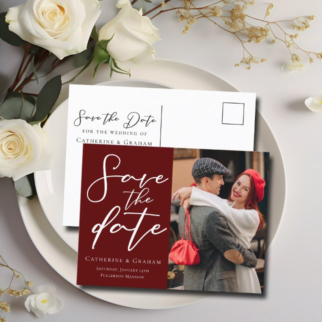 Carte Postale Faire-part Élégante photo de couple burgundy Enregistrer la p (Créateur téléchargé)