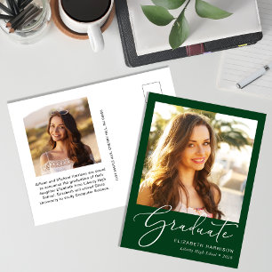 Carte Postale Faire-part Élégante Photo de Script Vert Remise des Diplômes