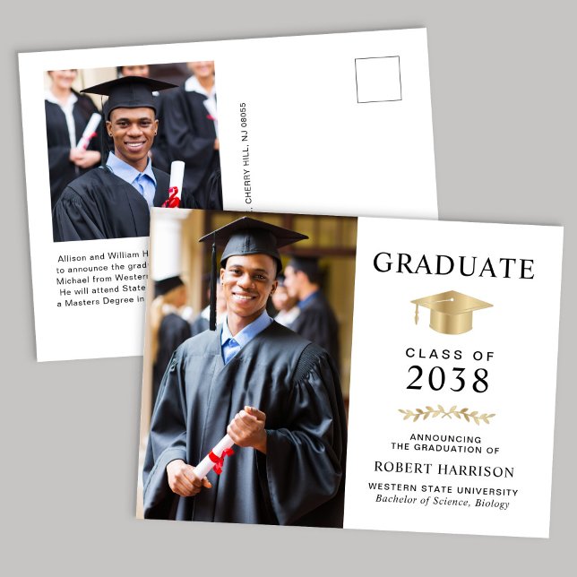Carte Postale Faire-part Élégante Photo Gold Casquette College Graduation (An elegant college graduation announcement to celebrate the graduate's achievements)