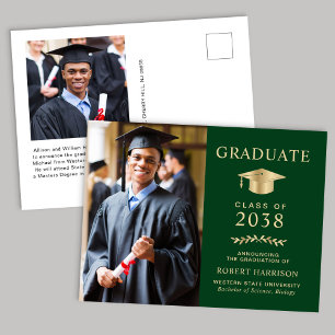 Carte Postale Faire-part Élégante photo Green Gold College Graduation
