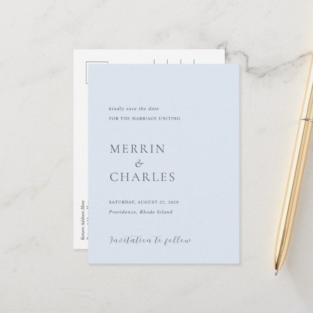 Carte Postale Faire-part Élégante Poudre Bleu Mariage moderne Enregistrer l (Devant/Arrière en situation)