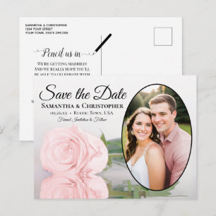 Carte Postale Faire-part Élégante Rose Rose Ovale Photo Mariage Enregistrer