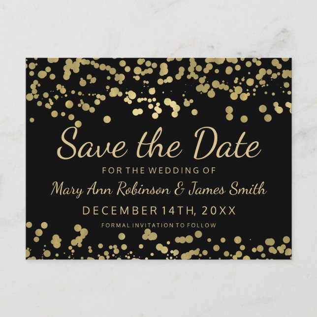 Carte Postale Faire-part Élégante Save The Date aspect feuille d'or Confett (Devant)