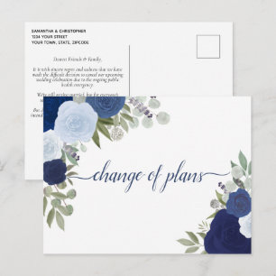 Carte Postale Faire-part Élégantes Roses Bleues Rustiques Changement de Pro