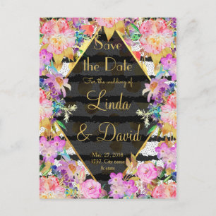 Carte Postale Faire-part Elégants points d'or floral, rayures design mariag
