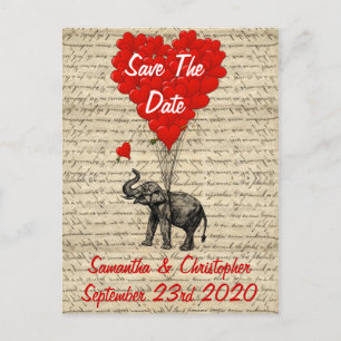Carte Postale Faire-part Elephant et coeur rouge enregistrer la date