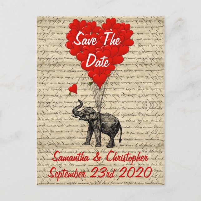 Carte Postale Faire-part Elephant et coeur rouge enregistrer la date (Devant)