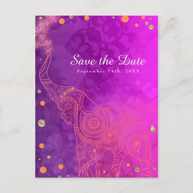Carte Postale Faire-part Éléphant Violet Rose Orange & Or Save the Date (Devant)