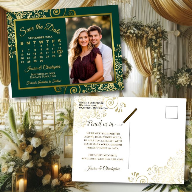 Carte Postale Faire-part Emerald & Gold Mariage Enregistrer la date Calendr (Front/Back)