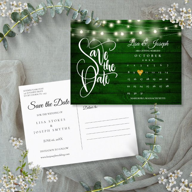 Carte Postale Faire-part Emerald Wood String Lights Calendar Enregistrer la (Emerald Wood String Lights Calendar Save the Date Announcement Postcard)